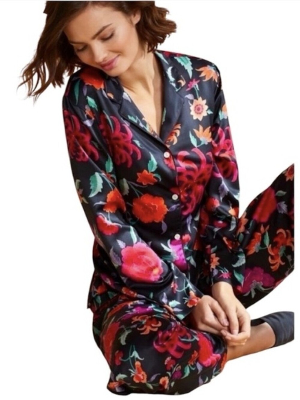 Natori Duchess Satin Asian Inspired Floral Print Pajama Set Sz M